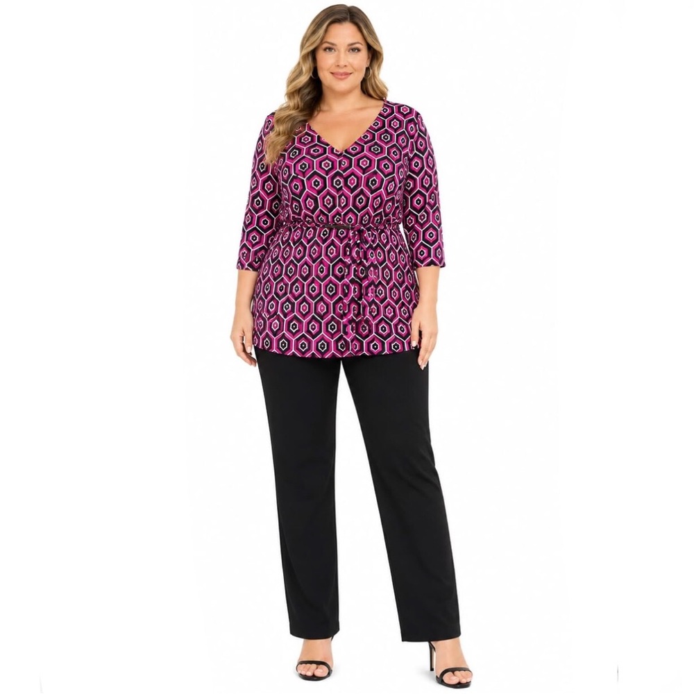 New Directions Pink Black Graphic Top V Neck 3/4 Sleeves Stretch Knit Size 2X
